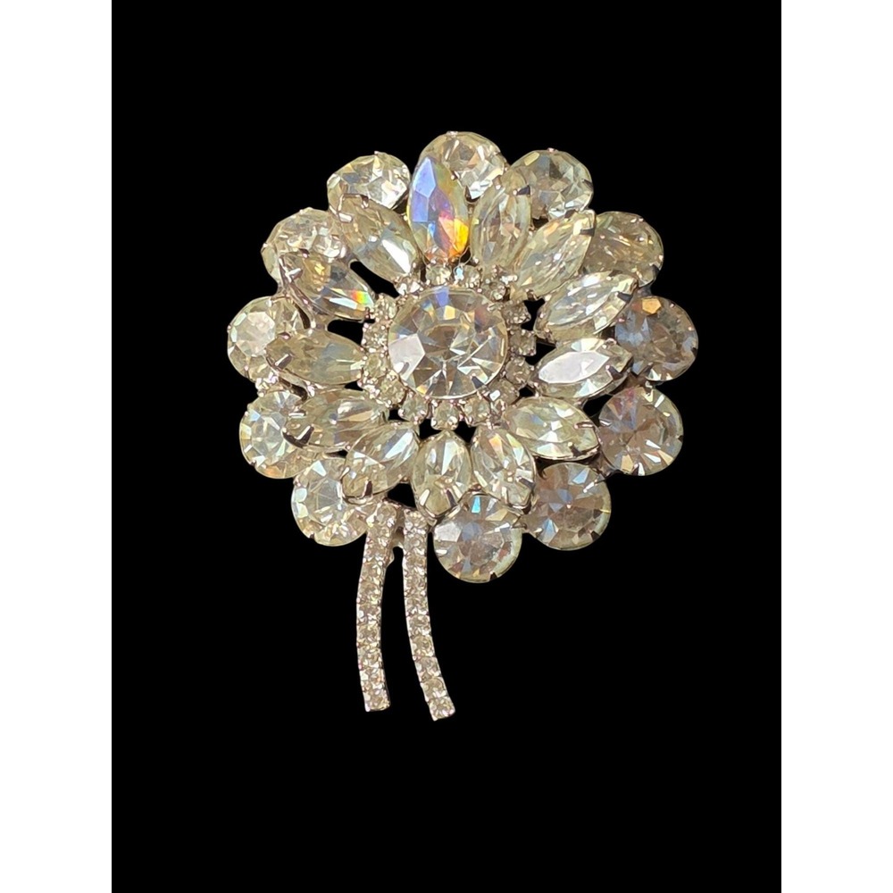 JULIANA Brooch Large FLOWER Layered Navette Clear Rhinestones VINTAGE